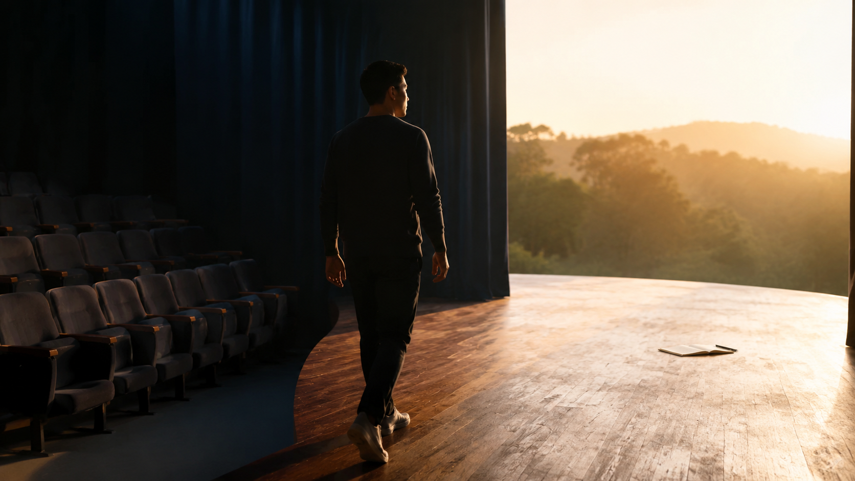 Un joven deja las butacas vacías de un teatro y camina hacia el escenario, iluminado por la luz del atardecer que entra por el fondo abierto.