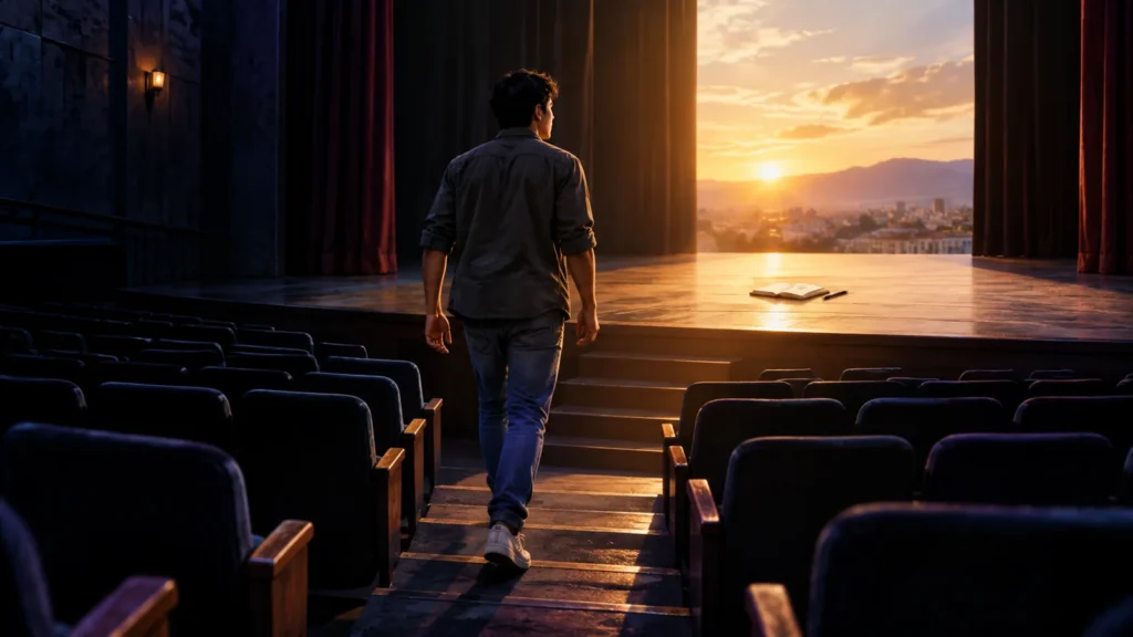 Un joven camina entre las butacas de un teatro vacío hacia el escenario iluminado, donde hay un cuaderno abierto.