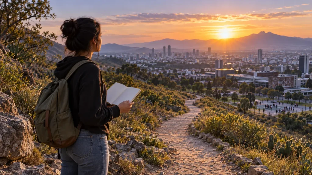 Una joven con mochila y cuaderno mira desde un cerro el sendero que baja hacia la ciudad al amanecer.