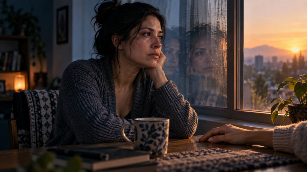 Una mujer sentada a la mesa mira por la ventana al atardecer; su reflejo se repite en el vidrio.